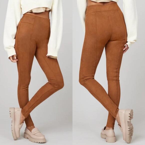 Spanx Faux Suede High Rise Tummy Shaping Rich Caramel Leggings Pant Small Petite - Picture 2 of 15